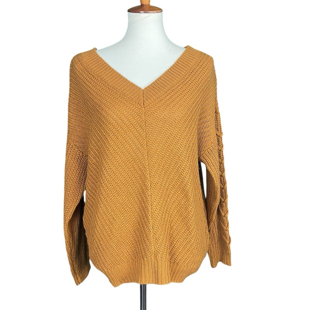 Full Circle Trends Sweater Womens 1X Orange V Neck Chunky Knit Lace Up Sleeve